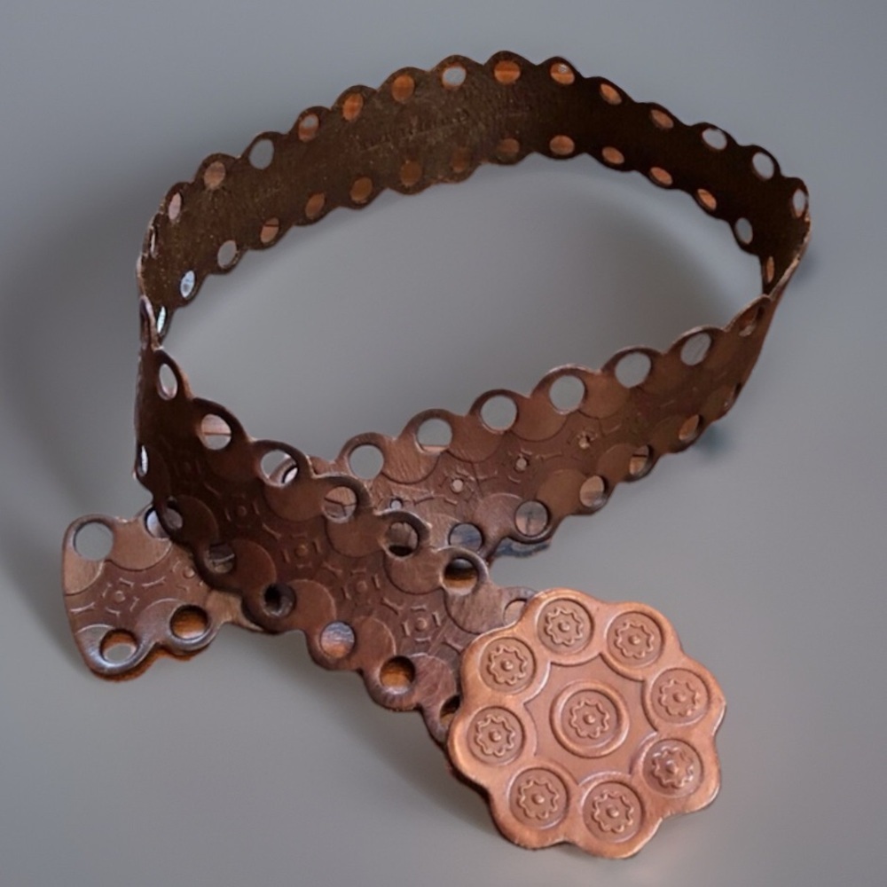 Vintage BoHo Hippie Festival CHIC Brown Disc Geniune Leather Hip Belt sz… - Picture 3 of 6